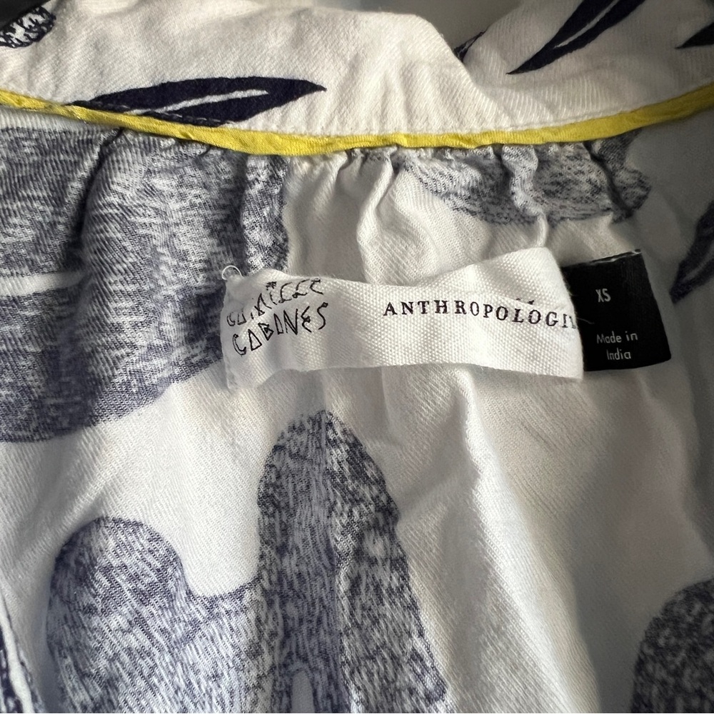 Anthropologie White and Blue Camille Cabanes Botanical Flannel Pajama Set - Picture 7 of 16